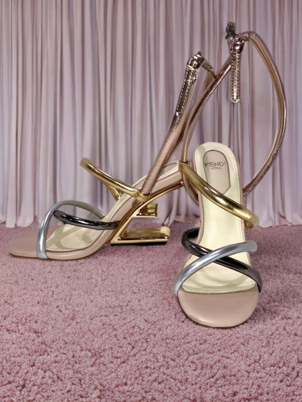 Fendi First Metallic Nappa Strappy Sandals Rose Gold Silver Couture Size 37 US 7 - Picture 10 of 16